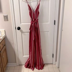 Luxxel Small maroon and cream striped jumpsuit with belt, slits on each leg
